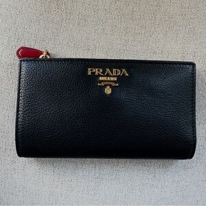 Prada Black Leather Wallet with Red Accent